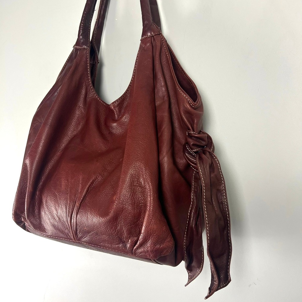 Brown Leather Hobo Shoulder Bag Pleated Slouchy Tote Boho Y2k Academia Retro - Picture 4 of 14